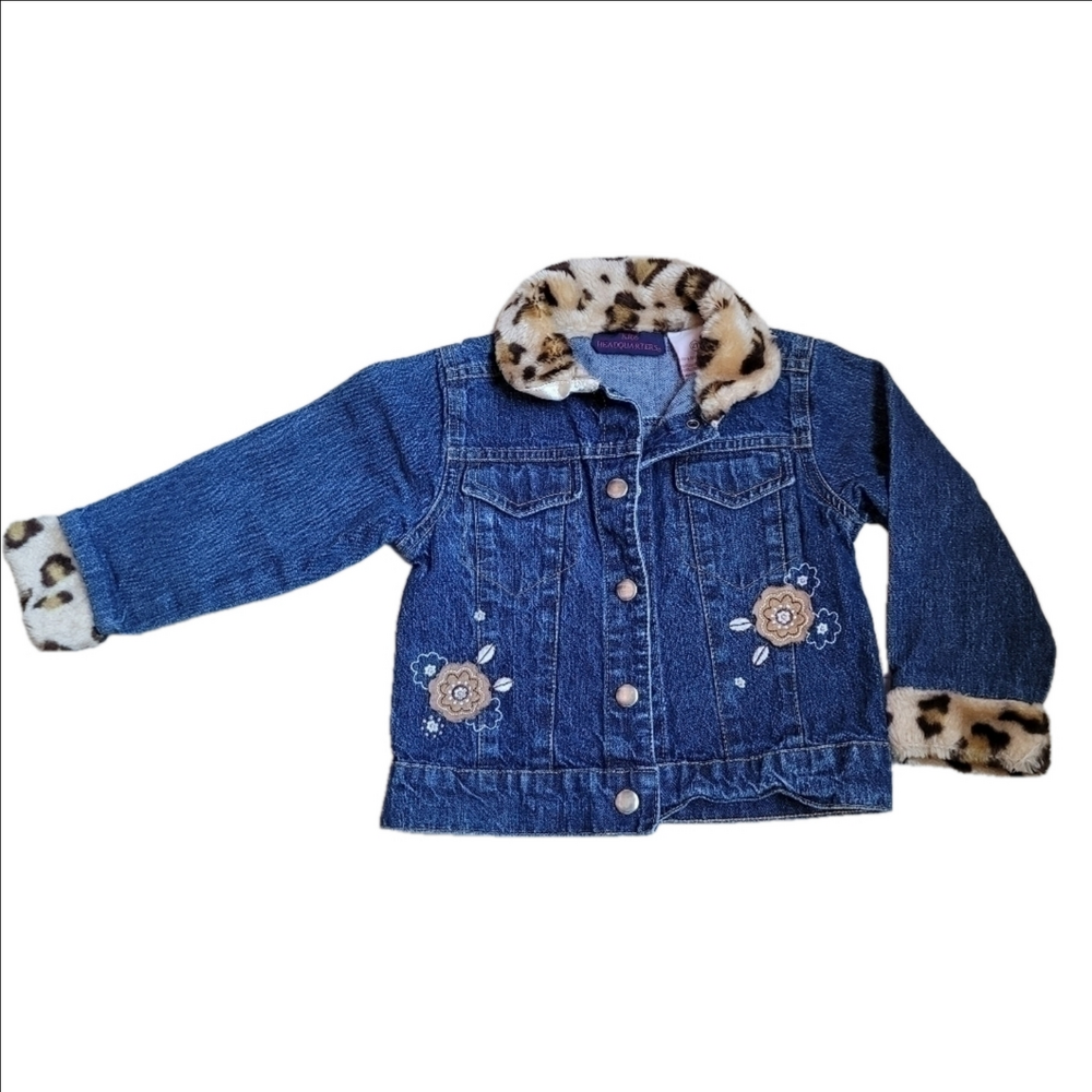Vintage Jean Jacket Kids Headquarters 2T faux fur trim flower appliqué